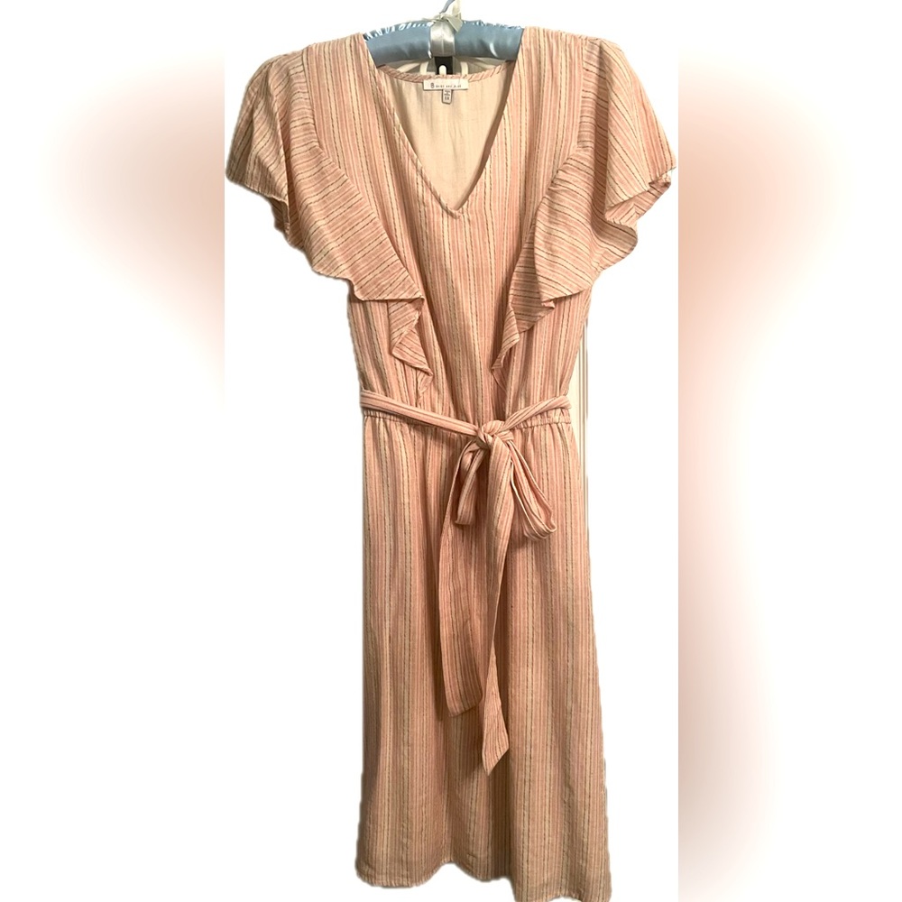 B Skies Are Blue Spring Dress Size 1X Natural Linen with Shades of Pink